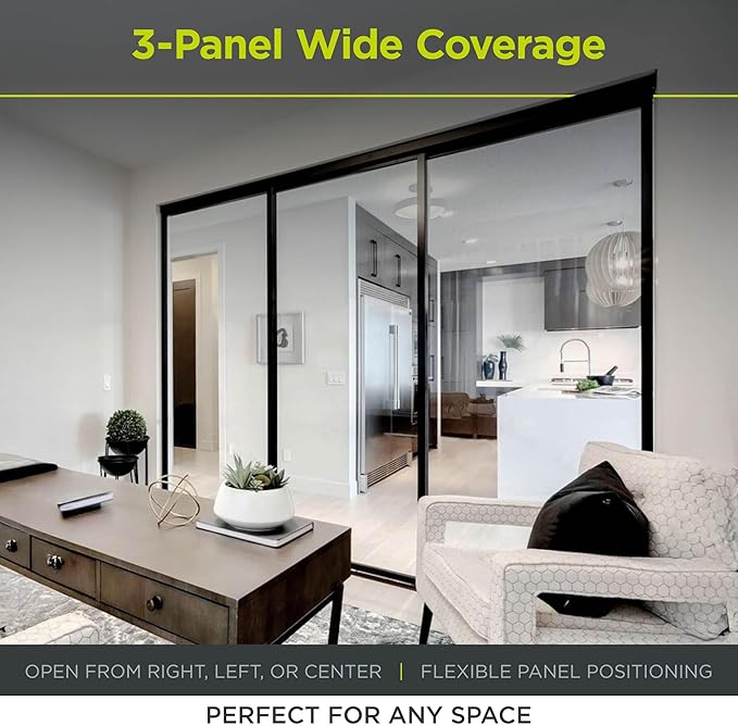 3-Panel Clear Glass Sliding Room Divider - Tempered Glass Wall Separator Screen for Office, Home, Workstation, Cubicle, Desk - Commercial & Residential Partition - 90" W x 80" H, Black Frame