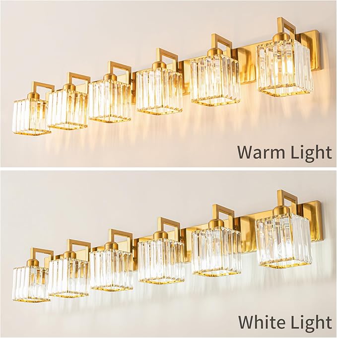 Modern Crystal Bathroom Vanity Light - 6-Lights Gold Brushed Brass Finish Wall Lamp