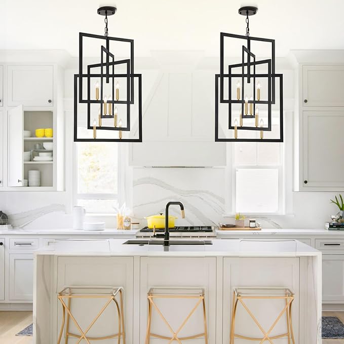 Black and Gold Chandelier, 8-Light Farmhouse Lantern Pendant Light Fixtures, Rustic Industrial Foyer Lighting Fixtures, Large Chandeliers for High Ceilings, for Hallway, Staircase, Entryway