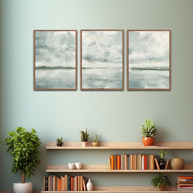 CHDITB Watercolor Sky Cloud Framed Canvas Wall Art Set, Pastel Shapes Illustrations Cloudy Wall Decor, Neutral Minimal Wall Painting, Blue Gray Ocean Sky Art Prints For Living Room Bedroom Office Decor 16"x24"x3