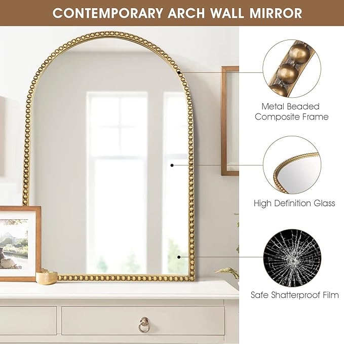 Arched Wall Mirror for Bathroom, 30"x40" Metal Beaded Frame Decorative Accent Mirror, Large Modern Distressed Hanging Wall Decor for Washroom, Bedroom, Living Room, Entryway, Antique Gold