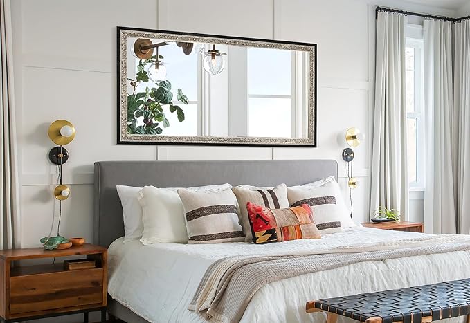 Black Large Vintage Wall Mirror Decor, 51.5"x28" Ornate Decorative Mirror with Silver Foil Carvings Wooden Frame, Handmade Aging, for Dining Room, Fireplace, Bathroom and Bedroom