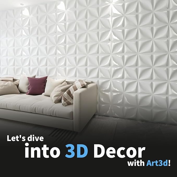 Art3d 19.7" x 19.7" (Pack Of 12) 3D Wall Panels Lucky Leaves PVC Wall Panel for Inter Decoration, Living Room, TV Background, Office, White