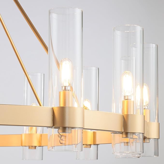 60 Inch Gold Chandelier, Wagon Wheel Chandelier with Glass Shade, 20-Lights Large Round Modern Farmhouse High Ceiling Pendant Lighting Fixture for Dining Room, Living Room, Kitchen, Foyer