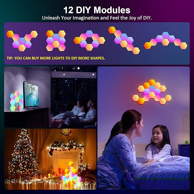 OJQ 12 Pack Hexagon Lights Wall RGB Panel - Led Lights Gifts for Men Birthday Christmas Decorations Lamp for Bedroom Gaming Equipment Gamer Supps Honeycomb Shape Panels Hexagon Gaming Lights