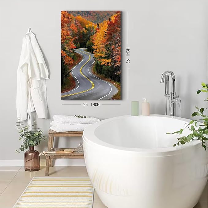 Large Forest Wall Art Autumn Mountain Pictures Wall Decor for Living Room Farmhouse Country Road Landscape Canvas Prints Nature Red Orange Woodland Artwork for Kitchen Office Home Decoration 24x36"