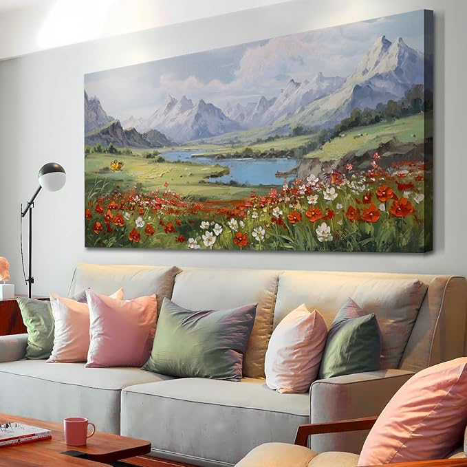 Arjun Landscape Wall Art Canvas for Living Room, Extra Large Mountain Nature Painting Bedroom Textured Floral Scenery Picture Framed Artwork for Office Home Dining Room Wall Decor 58"x29"