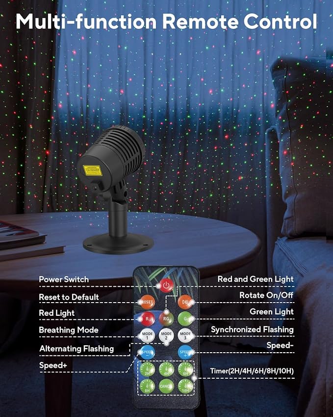 Christmas Projector Lights Outdoor Waterproof with Remote Control, Outdoor Christmas Decorations Garden & Landscape Lights with Red and Green Stars for Garden Room Decor/Halloween Decorations