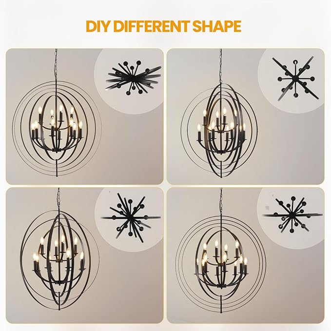 Black Chandelier, 12-Light Farmhouse Chandelier for Entryway, 31.5" Round Pendant Light Fixtures, Industrial Foyer Lighting Fixtures, Large Chandeliers for High Ceilings, for Living Room, Staircase