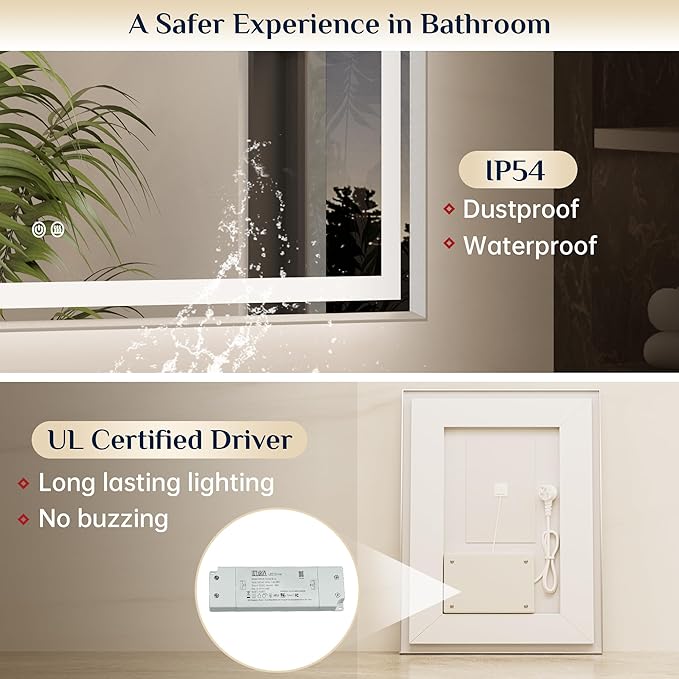 Keonjinn 24 x 36 Inch Lighted Bathroom Mirror with Frontlit & Backlit, Brushed Nickel LED Mirror for Bathroom, Tempered Glass, UL Listed LED Driver, Beveled Frame, 3 Color Lights, Anti-Fog, Dimmable