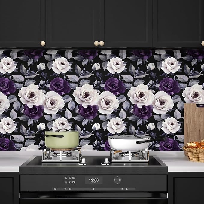 Black Foral Wallpaper Peel and Stick Dark Purple and White Rose Contact Paper, Vintage Self-Adhesive Removable Flower Wall Paper for Bedroom Countertop Desk Cabinets Decor 17.4" x 118" Renter Friendly