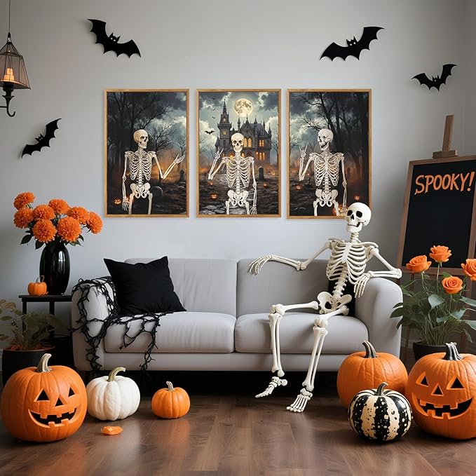 CHDITB Spooky Skeleton Framed Canvas Wall Art Set, Pumpkin Wall Decor, Strange Haunted Mansion Art Wall Painting, Vintage Gothic Skull Art Prints for Living Room, Halloween Party Decoration 16"x24"x3