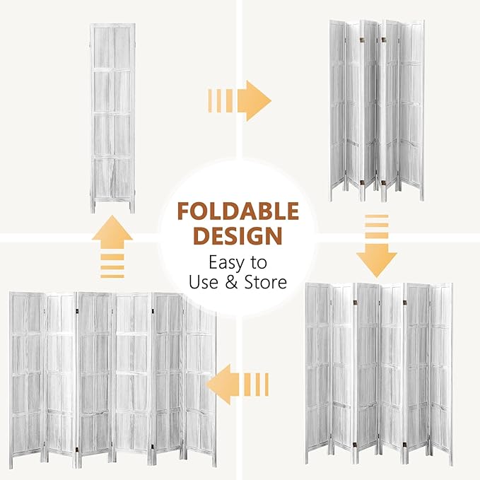 6 Panel Wood Room Divider Screen, 5.6 FT Folding Privacy Screen Room Divider, Partition Divider for Room Separation, Folding Wood Panel Wall Divider for Home Office Bathroom (Retro White)