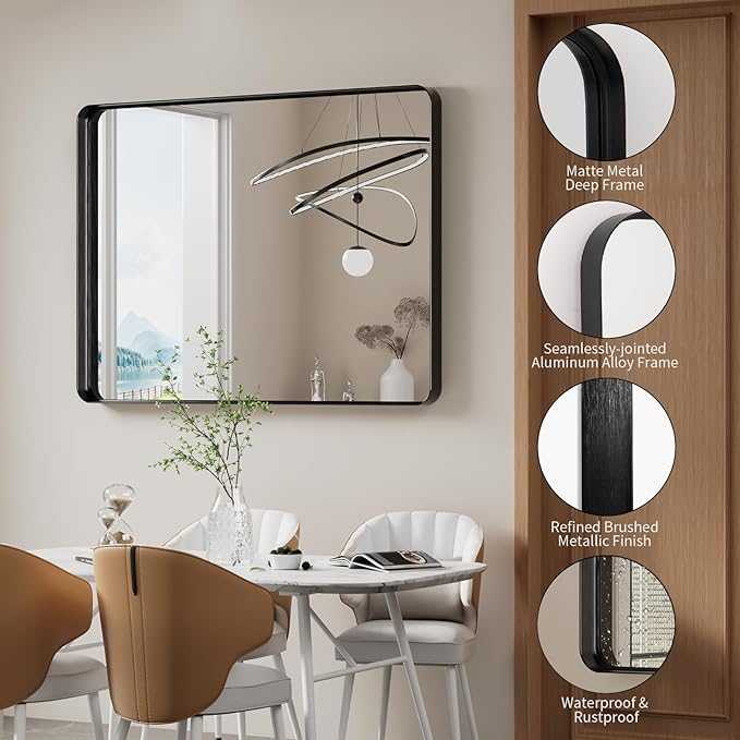 Koonmi Black Bathroom Mirror for Wall, 36x48 Inch Matte Metal Deep Framed Rounded Corner Wall Mirror, Shatterproof Tempered Glass for Farmhouse Bedroom Entryway, Vertically or Horizontally