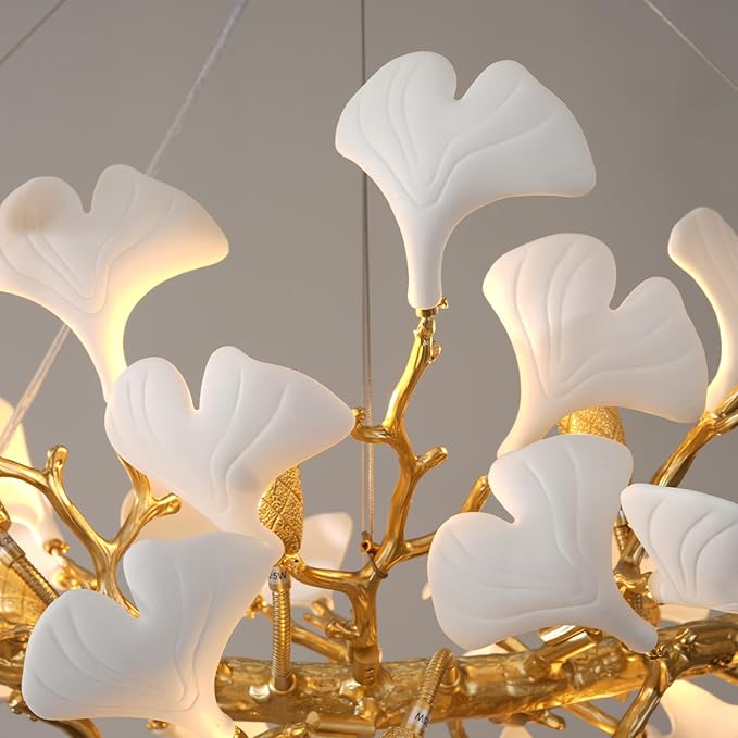 Modern Gold Leaf Chandelier for Dining Room, 55-inch Rectangle Ceramic Ginkgo Leaf Chandelier Over Table, Tree Branch Chandeliers for Living Room and Kitchen