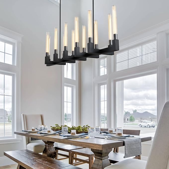 68-Inch 12-Light Black Modern Chandelier with Knurled Glass Tube Shades, Rectangular Luxury Ceiling Pendant Light Fixture for Dining Room, Living Room, or Foyer.