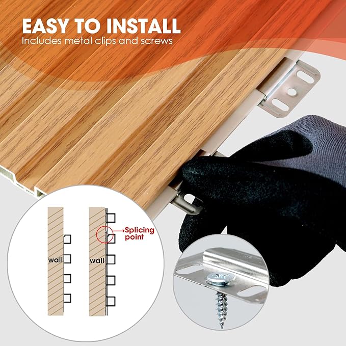 OUZUGIE WPC Acoustic Slat Wall Paneling, 8-Pack 96 x 6 Inches 3D Wall Panels for Interior Wall Decor,Living Room,TV Background,Study Room,Office Spaces,Bedroom,Low Grille (Oak)