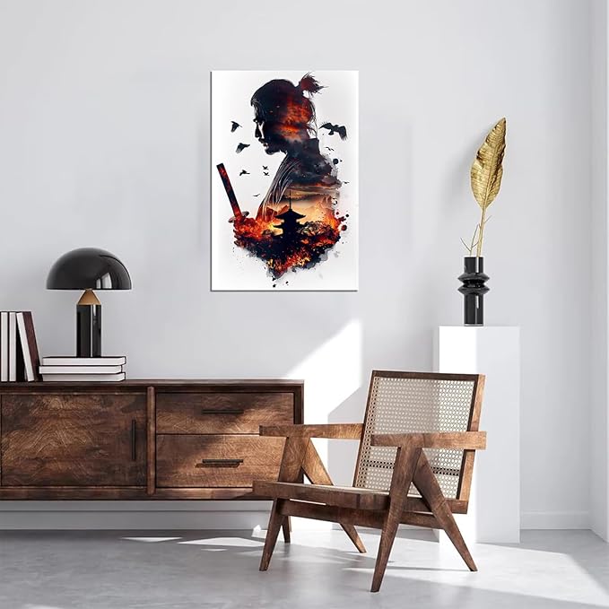 Japanese Samurai Canvas Wall Art Prints Armored Knights Wall Decor Canvas Painting Medieval Poster Framed for Living Room Bathroom Bedroom Office Home Decor Framed (12''W x 16''H)