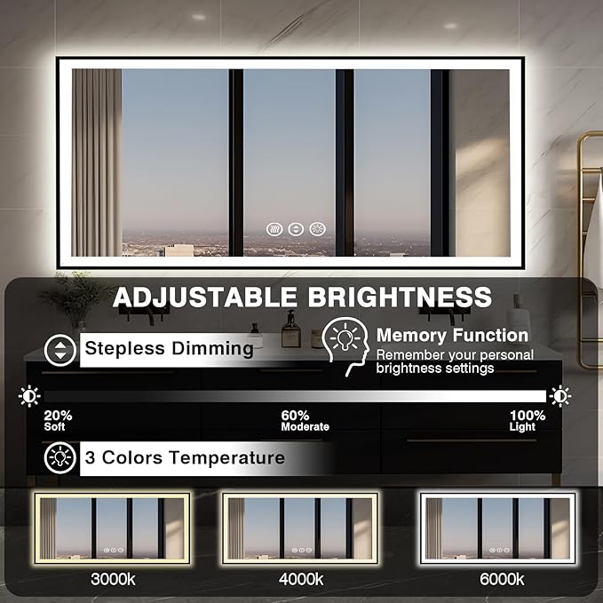 72x32 LED Bathroom Vanity Mirror - Black Aluminum Framed, Front and Backlit, Anti-Fog, Stepless Dimmable, 3 Colors Smart Mirror