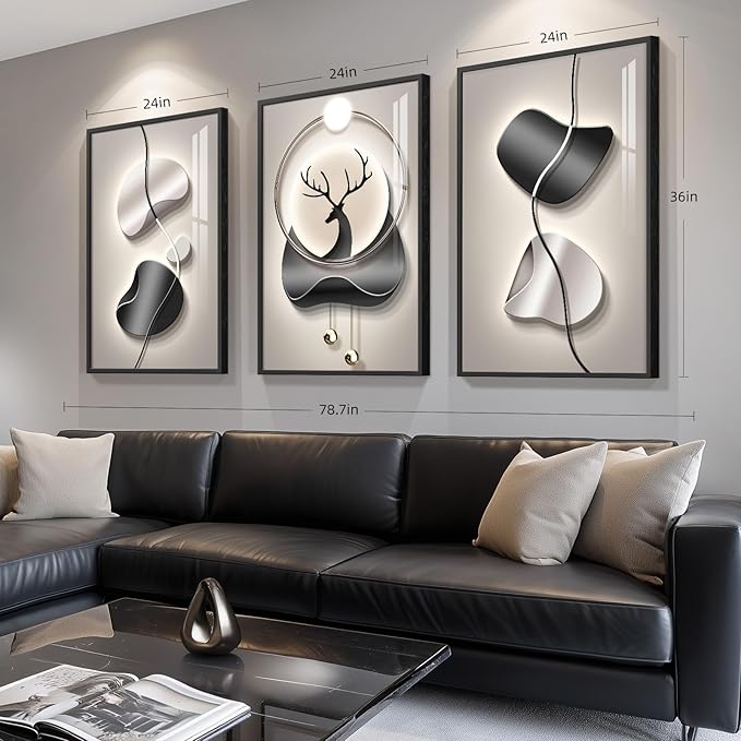 3 Piece Large Framed Modern Abstract Wall Art, Black and Gray Silver Bright Artworks Decor, Minimalist Geometric Line Deer Picture Prints for Living Room Entryway and Hallway 24x36 Inch