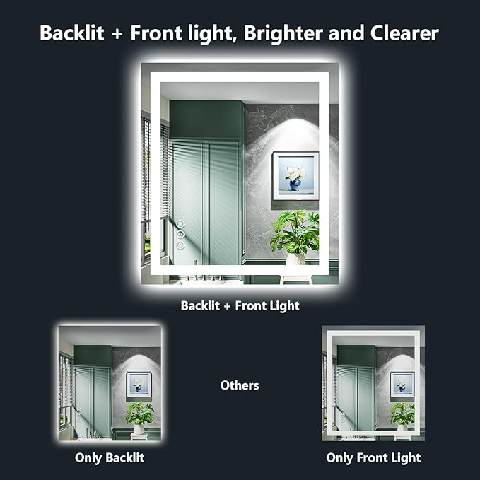 24x32 Inch LED Bathroom Mirror with Lights Front and Backlit Lighted Vanity Mirror for Bathroom Wall with 3 Colors Dimmable Anti-Fog Memory Shatter-Proof IP54 Waterproof Horizontal/Vertical