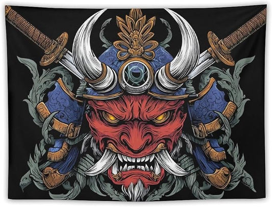 UUKXKUU Oriental Retro Mask Symmetry Samurai Japanese Tapestry Flag Backdrop Wall Hanging Large Wall Art Decor for Dorm Office Bedroom Living Room 30"×40"