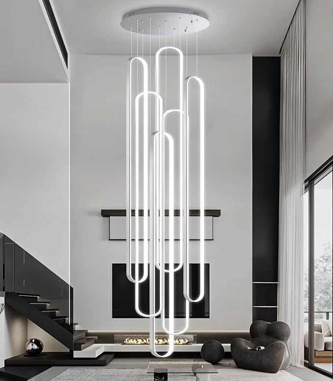 6 Rings Modern Large Chandelier for Staircase High Ceiling Chandelier LED Dimmable Black Chandeliers for Foyer Living Room Villa Sliver