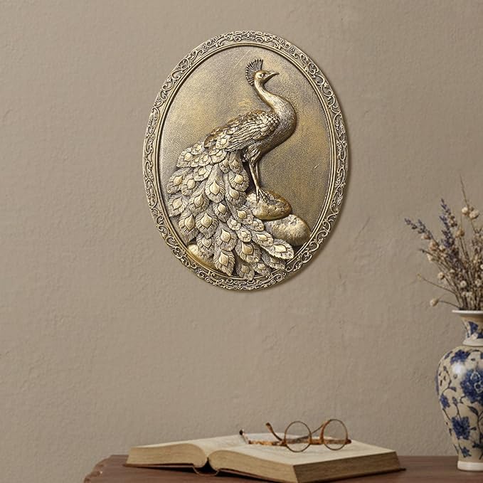 Newinhome Vintage Peacock Wall Sculpture Antique Wall Decor, Hand Painted Wall Decoration with Embossed Peacock Design, Gold Decor for Bedroom Living Room Hallway, Housewarming Gift