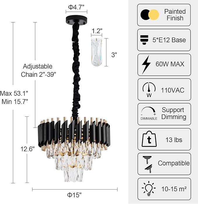 15" 5-Light Modern Crystal Chandelier Light Fixtures 3-Tier Black Gold Luxury Chandeliers for Dining Room Round Hanging Pendant Lighting for Living Room Kitchen Entryway Bedroom Hallway