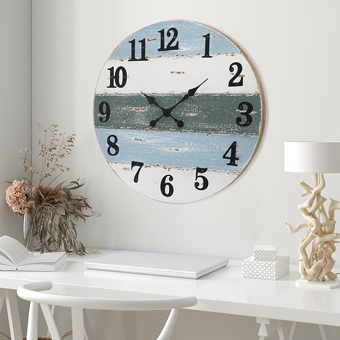 24" Large Beach Coastal Nautical Wall Clock, Wooden Wall Clocks Battery Operated,Vintage Farmhouse Decorative for Living Room, Kitchen, Home, Bedroom, Laundry Room, Blue