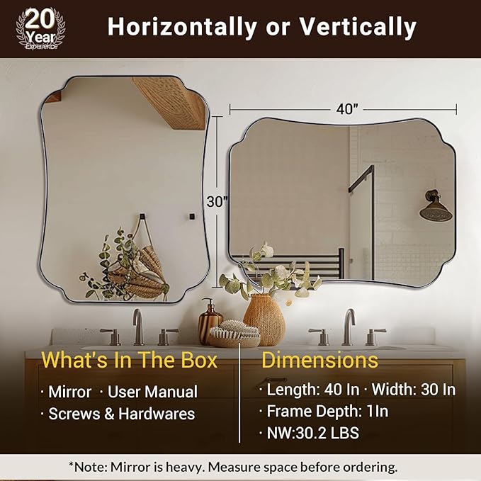 ANDY STAR 30"x40" Chrome Bathroom Mirror, Decorative Scalloped Shape Wall Mirror with Stainless Steel Frame, Modern Wave-Edge Design for Vanity, Hallway, Lounge Decor