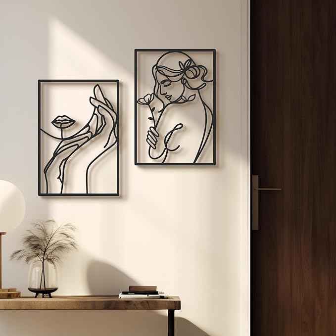 Bakovity Black Metal Wall Art, Abstract Flower Line Sculpture, Black Minimalist Modern Wall Decor for Living Room, Bedroom, Bathroom (4 Pieces, 22.5x15.7 Inches)