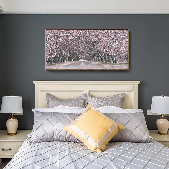 Nicetop Framed Canvas Wall Art – Pink Cherry Blossom Tree Tunnel Canvas Print Romantic Floral Landscape Artwork Abstract Forest Picture for Bedroom Living Room Girls Women Wall Decor Large Size 48x24 Inch