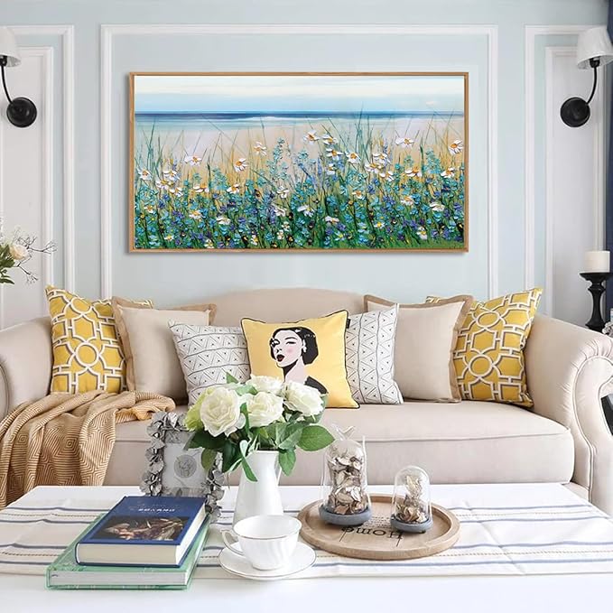 Large Blue Seaside Cyan Floral Wall Painting wildflower Blossom Art Framed Artwork for Living Room Bedroom 20x40 Inch