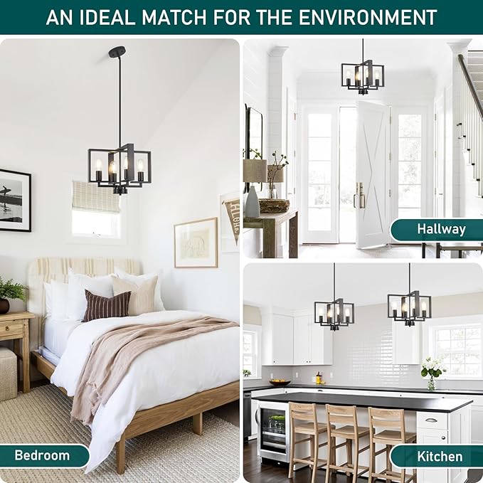 4-Light Modern Farmhouse Black Chandeliers for Entryway, 16'' Geometric Pendant Lights Kitchen Island, Hanging Industrial Metal Chandelier for Stairway Foyer Hallway Dining Room