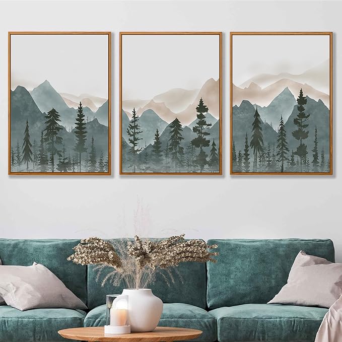 CHDITB Large Mountain Wall Art Set of 3, 24"x36" Framed Forest Woodland Wall Decor, Pine Tree Landscape Wall Painting, Nature Scenery Canvas Art Prints for Living Room, Bedroom, Office, Dining Room