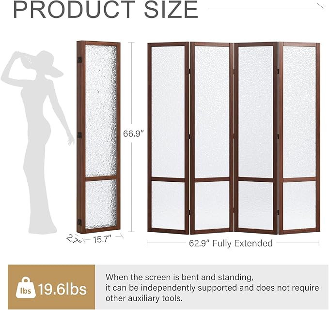 Acrylic Room Divider, 4-Panel Freestanding Partition Screen, Frosted Translucent Privacy Panel - Lightweight Modern Divider for Home Office Studio (Walnut, 4 Panels)