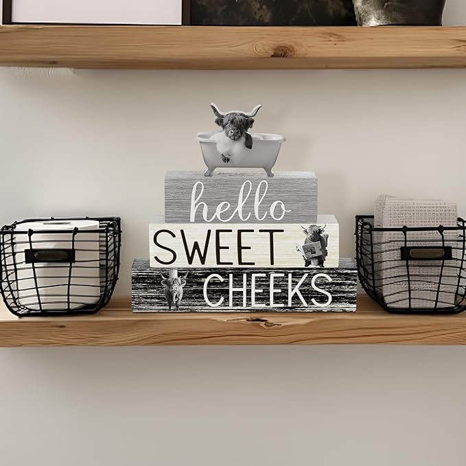 4 Pcs Funny Highland Cow Bathroom Decor Farmhouse Adult Cow Bathroom Decoration Western Hello Sweet Cheeks Table Centerpiece Christmas