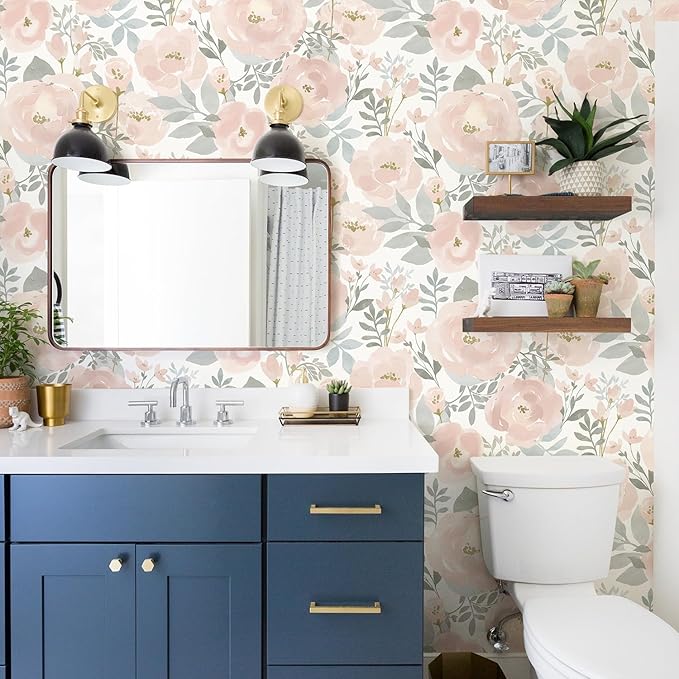 Orainege Peel and Stick Wallpaper Floral Wallpaper 17.3in x393.7in Floral Contact Paper Peony Self Adhesive Removable Wall Paper for Cabinets Walls Shelf Liner, Light Pink