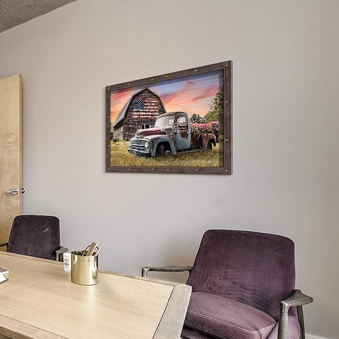 Country Barn Wooden Wall Art: Large Rural Old Car Landscape Framed Artwork Farmhouse Blue Truck Picture Large Rustic Countryside Scenery Office Painting Print for Living Room Bedroom