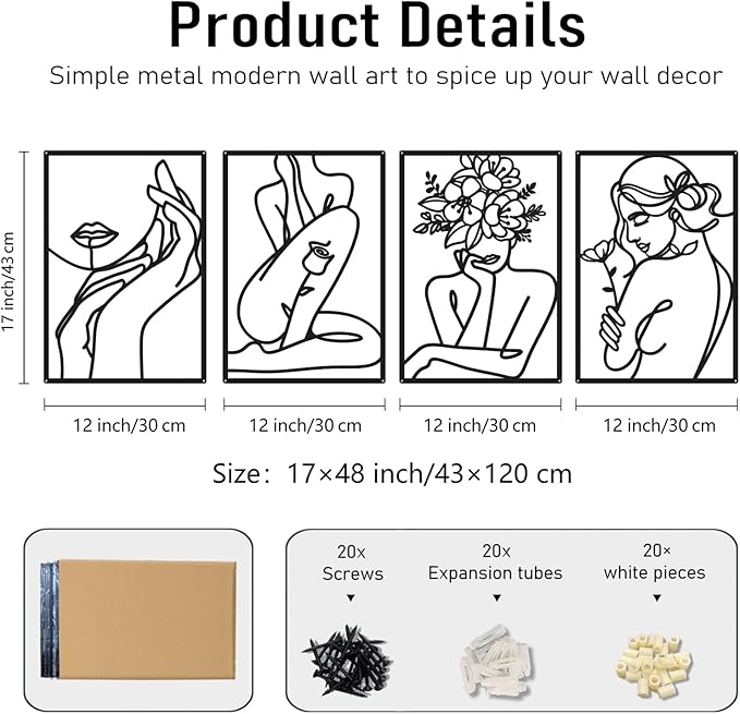 Bakovity Black Metal Wall Art, Abstract Flower Line Sculpture, Black Minimalist Modern Wall Decor for Living Room, Bedroom, Bathroom (4 Pieces, 17x12 Inches)