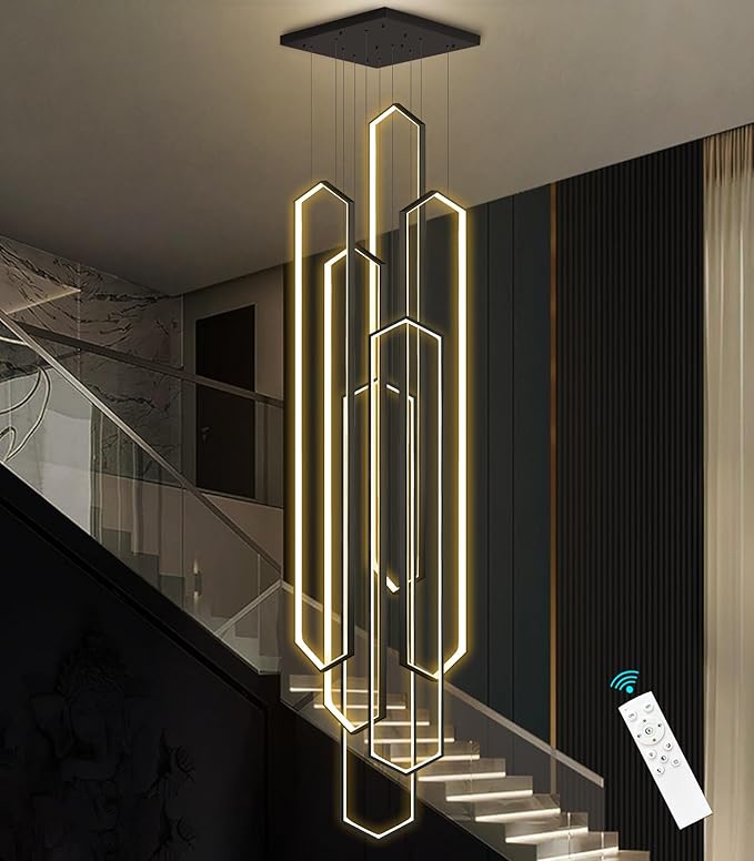 6 Rings Black Modern Large Chandelier Dimmable LED High Ceiling Chandelier for Living Room Foyer Hanging Modern Ceiling Light