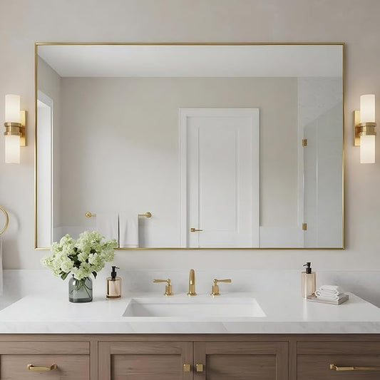 27x40 Inch Brass Bathroom Mirror for Wall, Aluminum Frame Rectangle Rectangular Vanity Mirror, Modern Large for Bedroom, Living Room, Horizontal or Vertical
