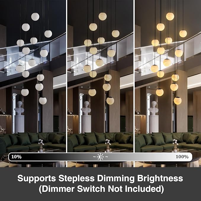 Black Alabaster Staircase Chandelier, 14-Light Modern Marble Pendant Light for High Ceiling Foyer, Luxury Statement Fixture for Entryway & Living Room