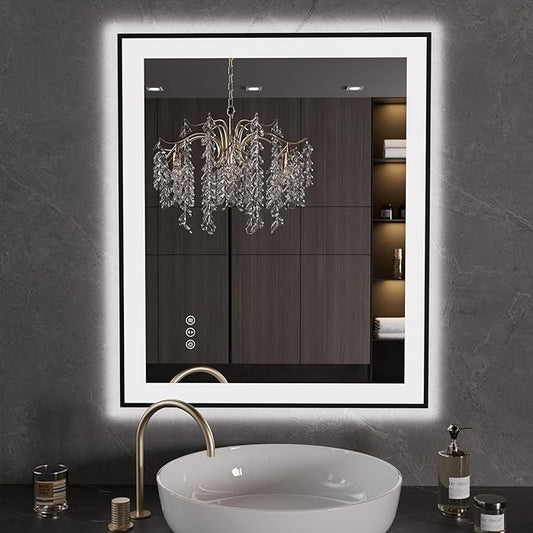 LOAAO 24"X30" LED Bathroom Mirror Black Framed, Anti-Fog, Dimmable, Lighted Bathroom Vanity Mirror for Wall, Memory Function, Tempered Glass