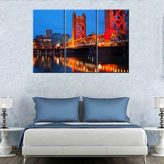 3 Piece Canvas Wall Art - The Tower Bridge Crosses the Sacramento River in the Heart of Downtown Sacramento, California - Modern Home Decor Stretched and Framed Ready to Hang - 40‘’x20‘’x3 panels
