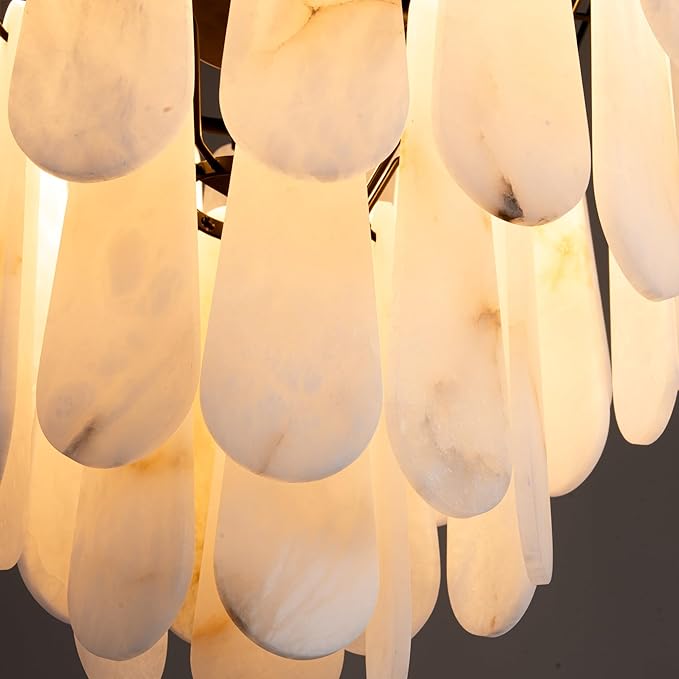 Alabaster Chandelier, D23.6in Modern Alabaster Round Dining Room Chandelier, 4-Tiers Luxury Natural Stone Ceiling Light Fixture, White Marble Chandeliers for Living Room Bedroom Foyer Entryway Kitchen