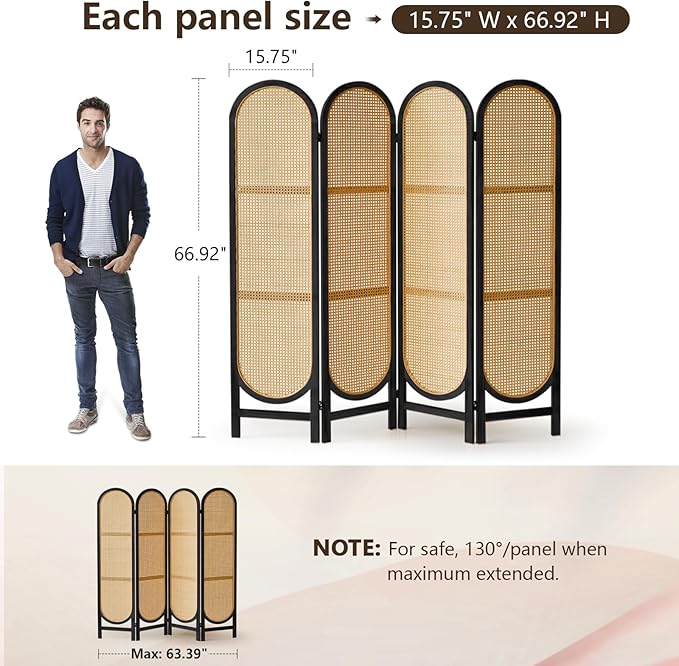 4 Panels Room Dividers and Hand-Woven Rattan Room Divider Wall, Wood Room Divider Folding Privacy Screens for Home Office Bedroom, Black