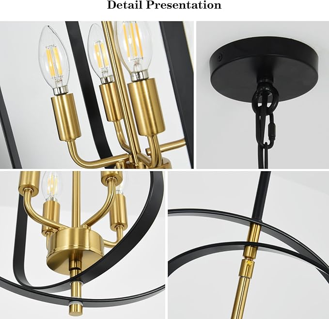 4-Light Black and Gold Chandeliers Modern Farmhouse Pendant Lights Kitchen Island Adjustable Height Small Entryway Chandelier for Dining Room Living Room Bedroom Foyer E12 Base