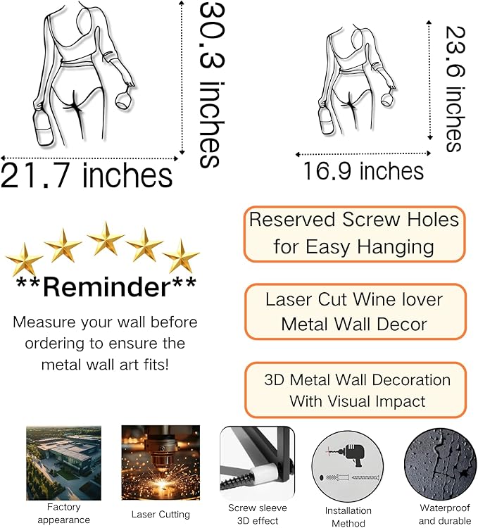 Metal Wall Art Woman Drinking Wine, Modern Minimalist Abstract Line Sculpture, Feminine Wall Decor for Living Room, Dining Room, Bar, Kitchen, Perfect Wine Lover Birthday Housewarming Gift – Gold 30.3"x21.7"